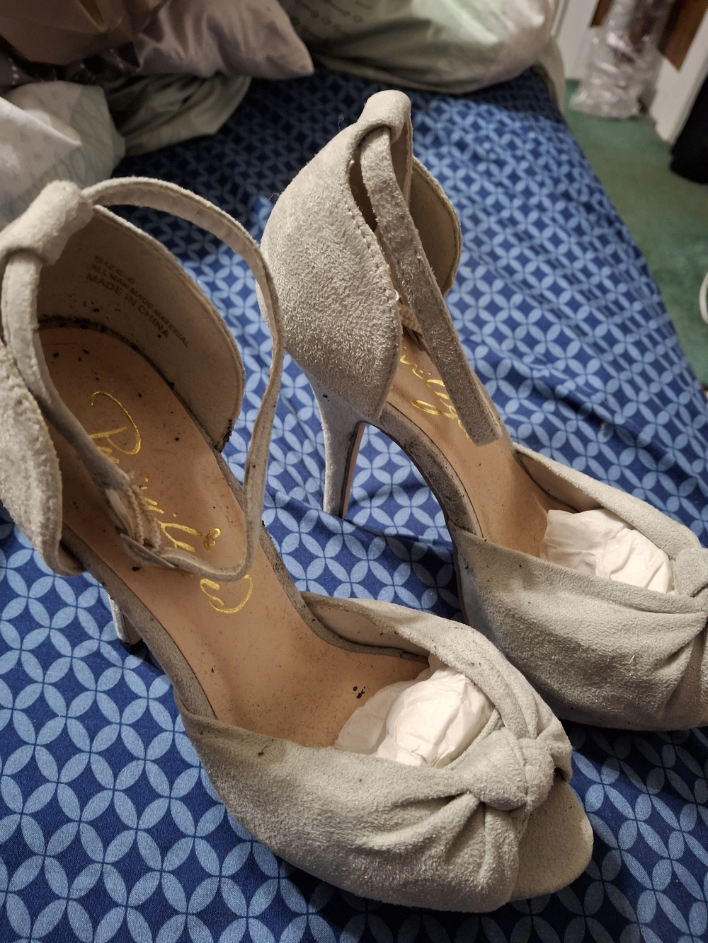 Privileged Light Gray Suede Knotted Peep-Toe Heels with Ankle Strap